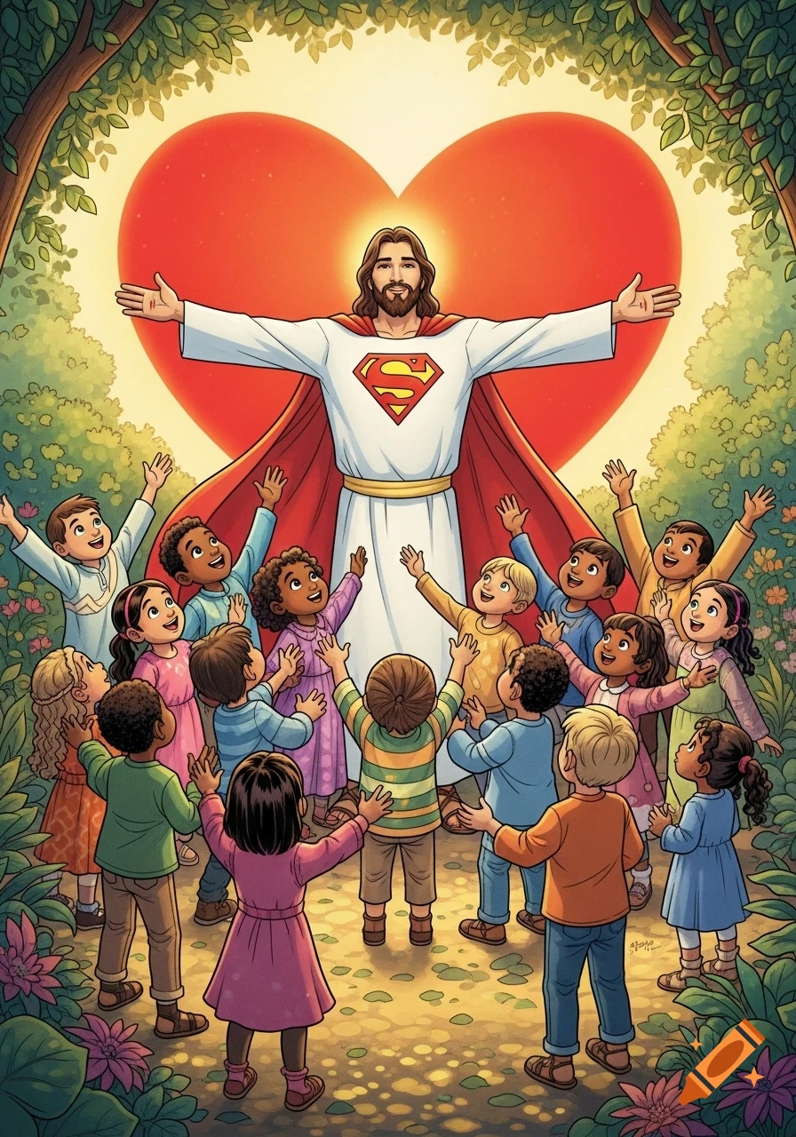Joyful cartoon illustration of Jesus with a Superman 'S' on his chest, standing with arms open, surrounded by diverse, happy children in a sunny forest.