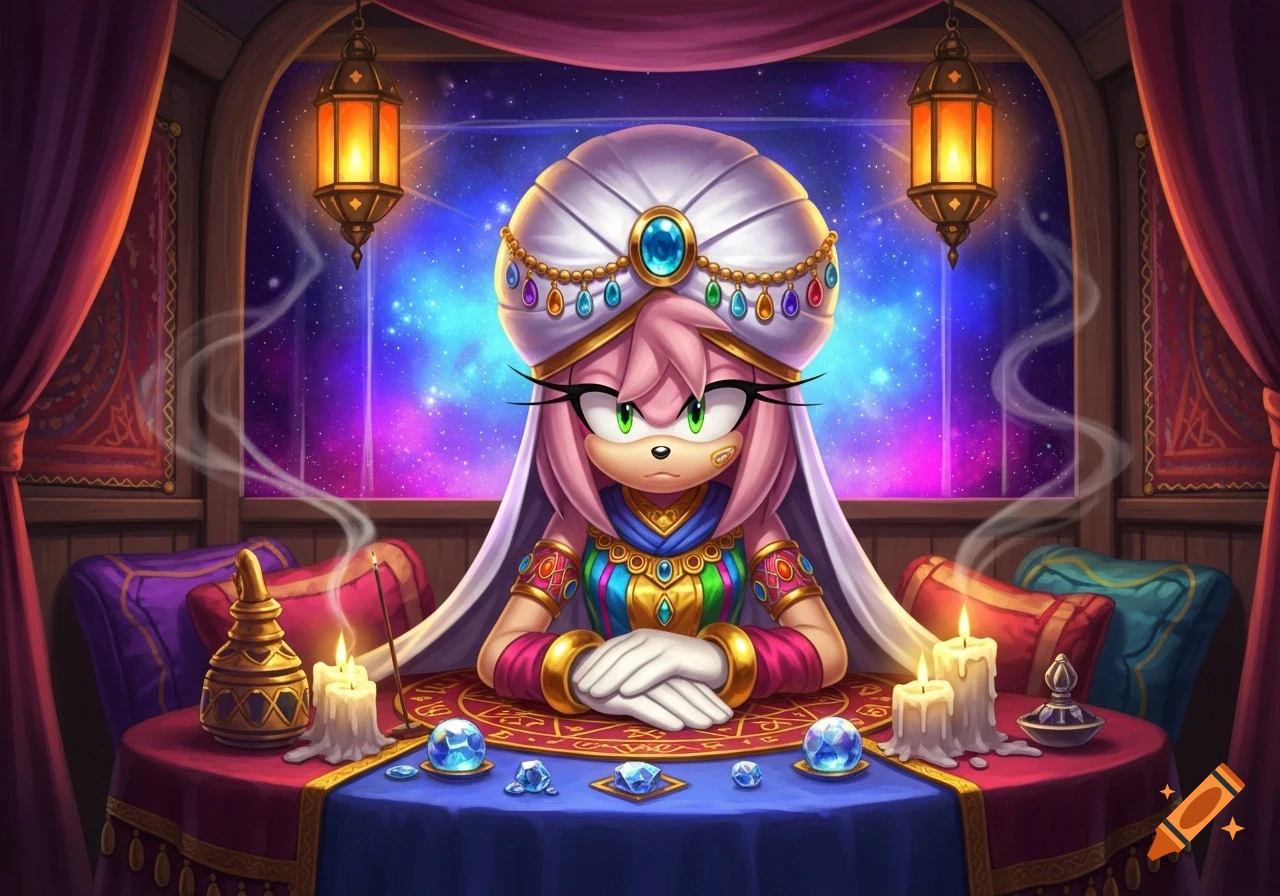 Amy Rose, dressed as a fortune teller in a white turban and colorful robes, sits at a table with candles and crystals, against a cosmic window.