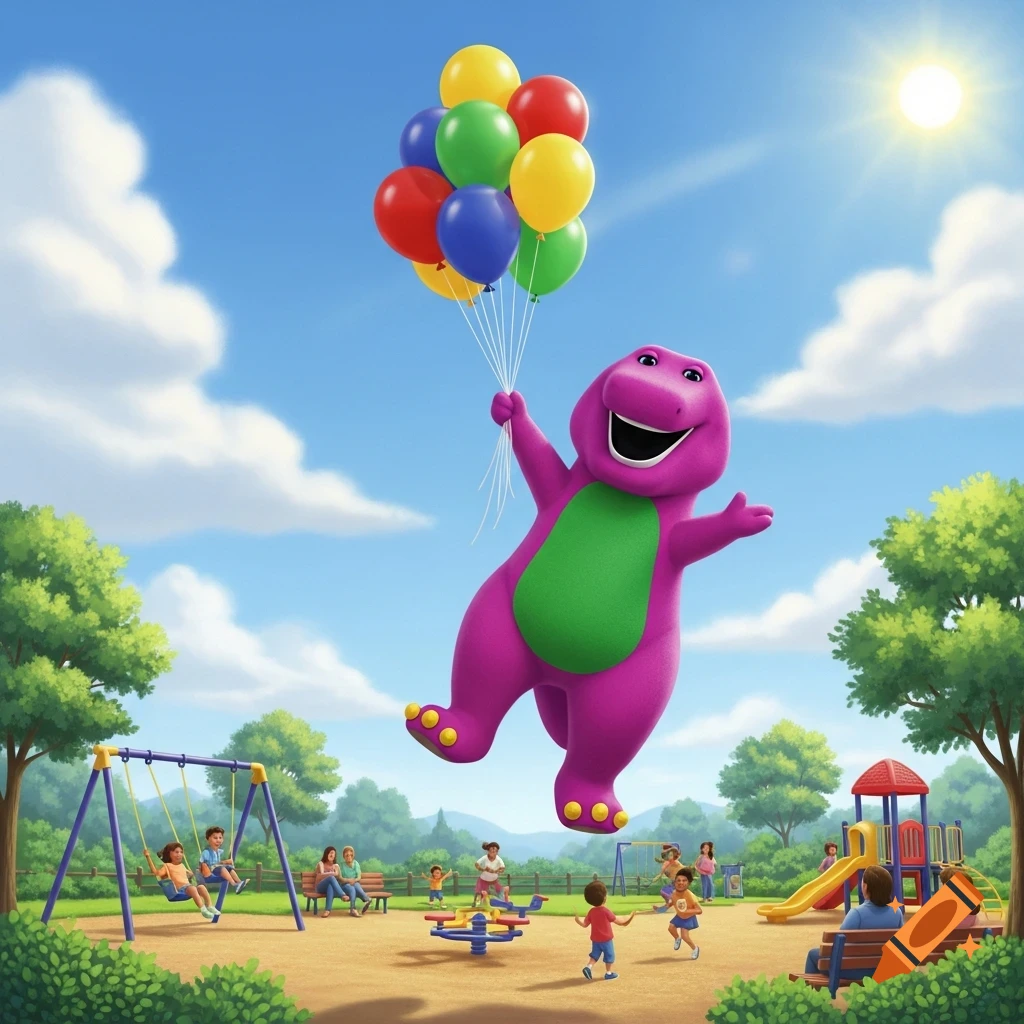 A smiling purple Barney the dinosaur floats in a bright blue sky, holding colorful balloons over a sunny playground filled with children.
