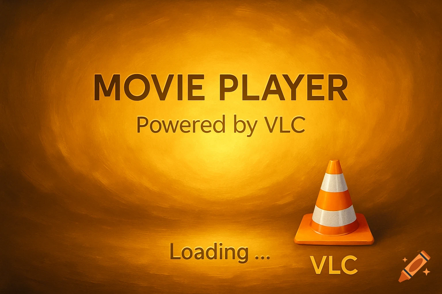 Golden splash screen for 'Movie Player' app, featuring a VLC traffic cone logo, and 'Powered by VLC' and 'Loading...' text.