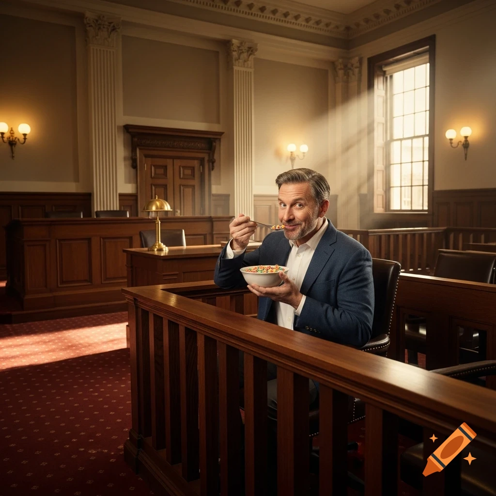 A man in a suit smiles as he eats a bowl of colorful cereal with a spoon while sitting in a courtroom.