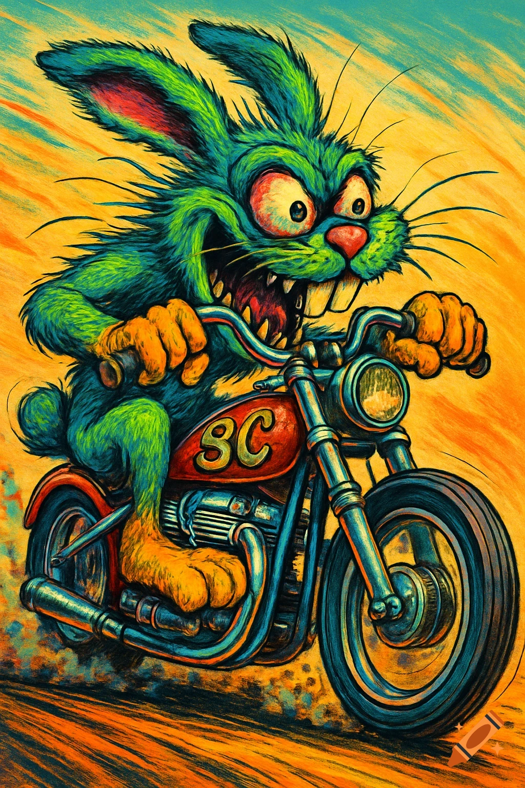 A green Rat Fink style rabbit with bulging eyes and fangs rides a motorcycle, leaving a colorful trail. The bike's gas tank says "SC".