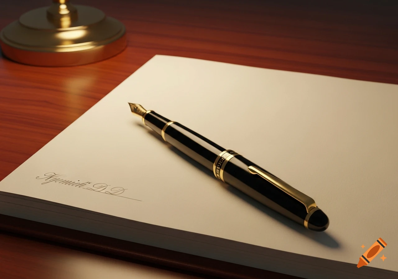 A black and gold fountain pen lies on a stack of white paper with a signature, on a wooden desk.