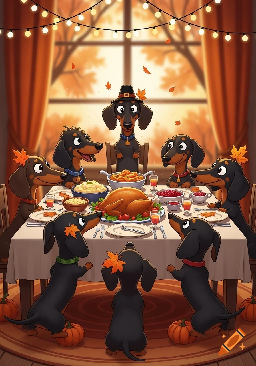 Cute cartoon dachshunds gathered around a Thanksgiving dinner table with a roasted turkey, lit by string lights.