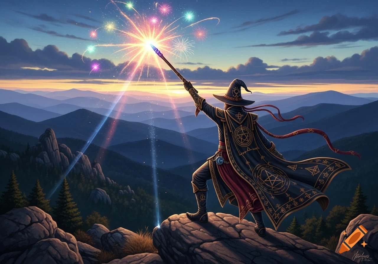 A wizard on a mountain peak at dusk points a glowing magic wand, casting colorful fireworks across the sky.