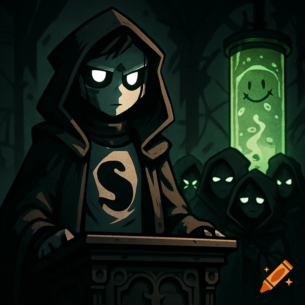 An anime-style dark illustration of a cloaked leader with glowing eyes and an 'S' logo, speaking to hooded figures by a green bubbling tube with a smiley face.