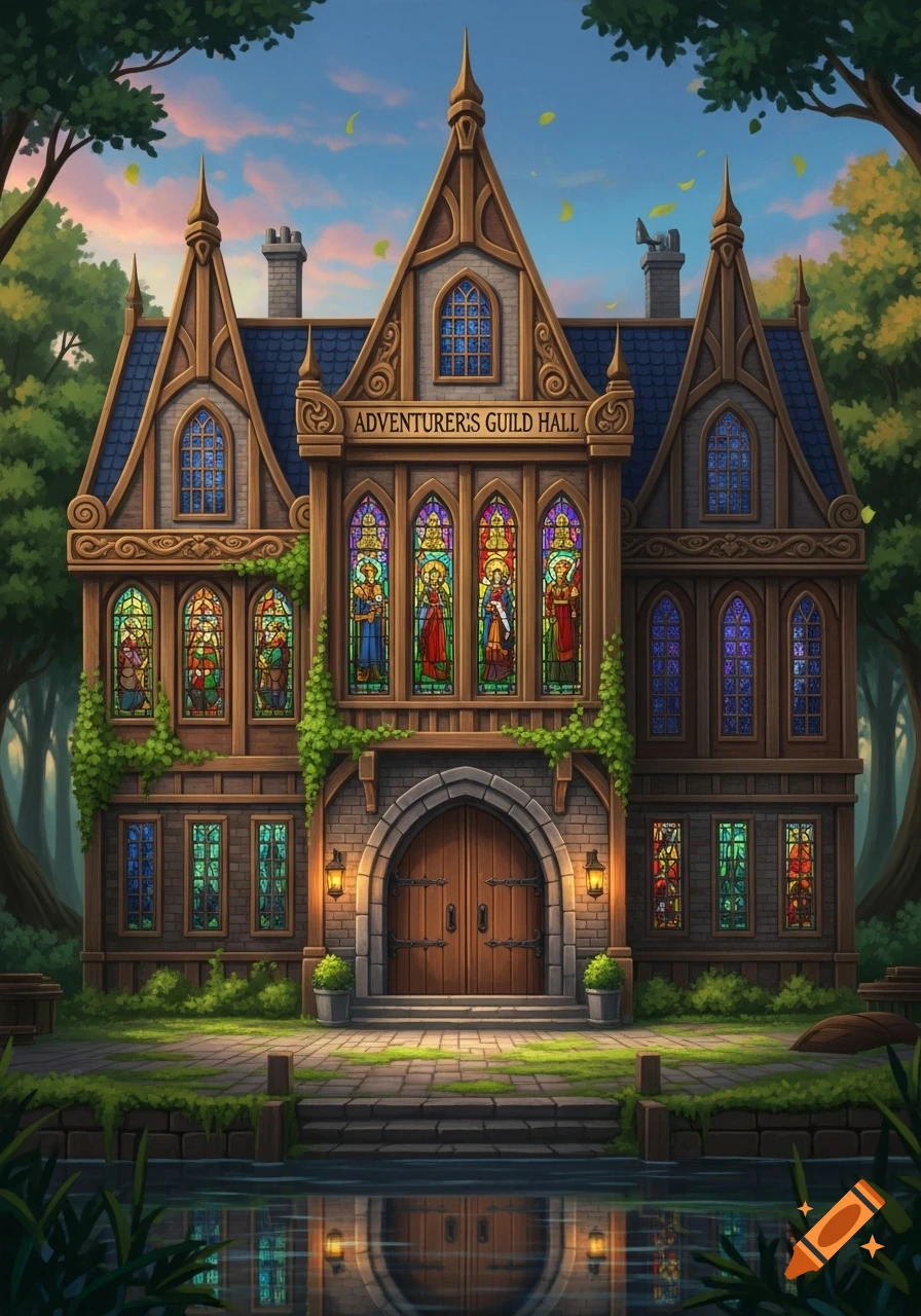 Ornate fantasy adventurer's guild hall with stained glass windows and a grand entrance, reflecting in a pond under a sunset sky.