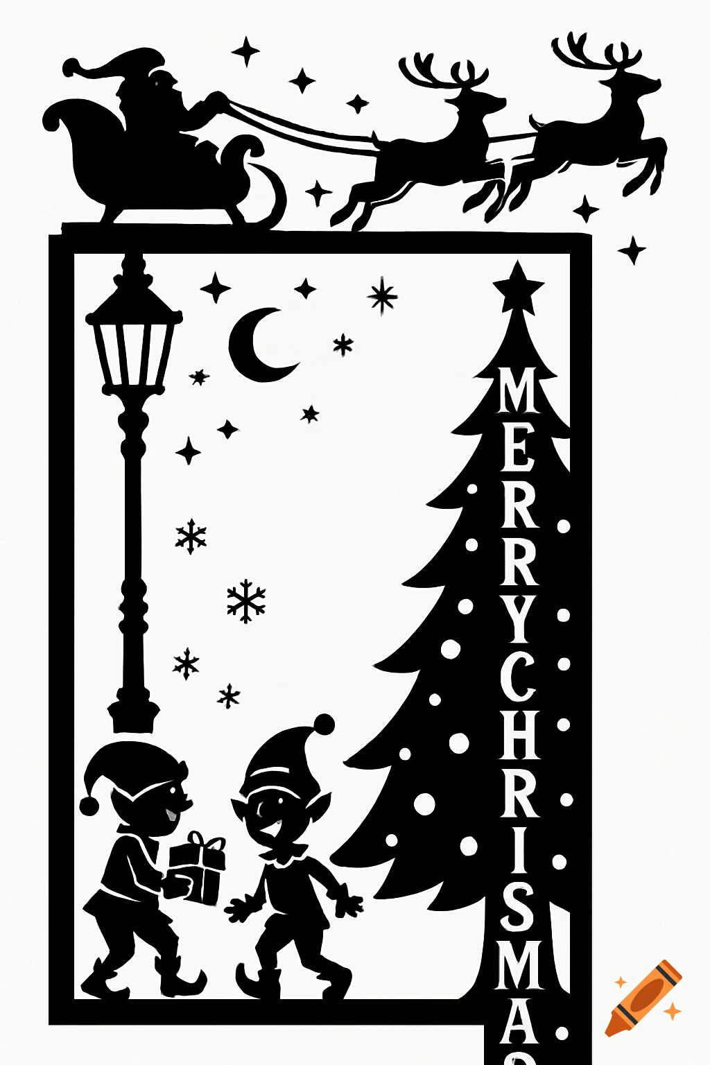 Black silhouette Christmas corner decoration with Santa's sleigh, reindeers, elves, lamppost, and a tree spelling 'MERRY CHRISTMAS'.