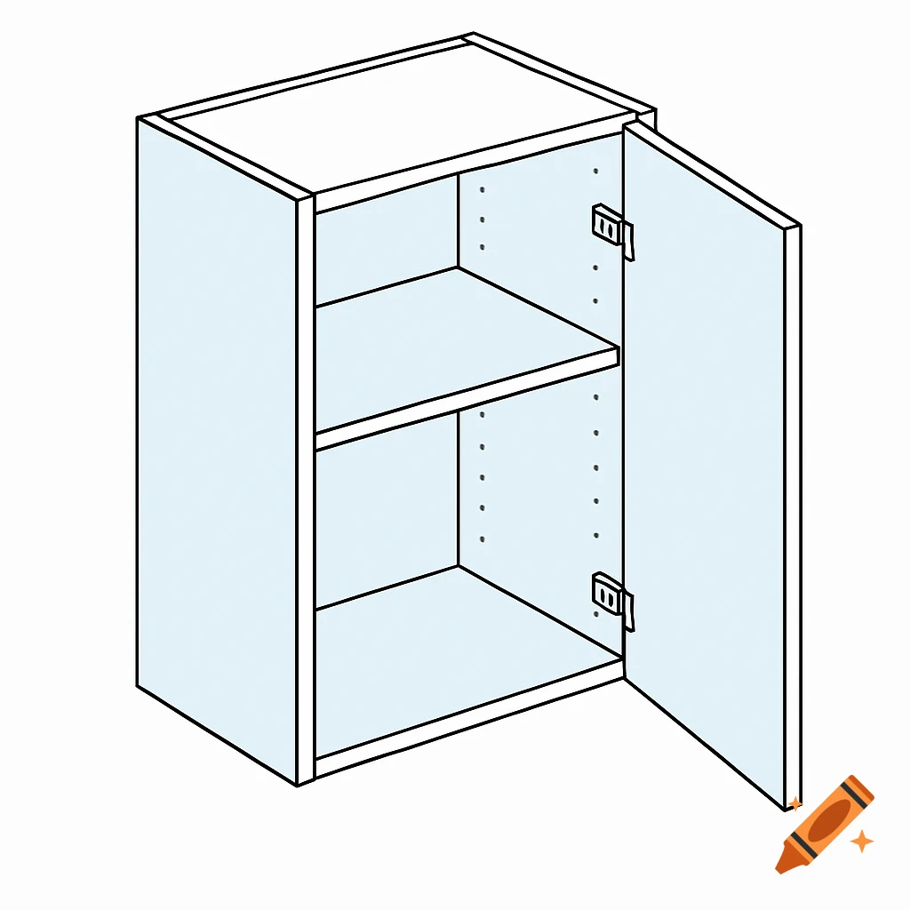 Technical drawing of a light blue kitchen wall cabinet with an open door showing two shelves.