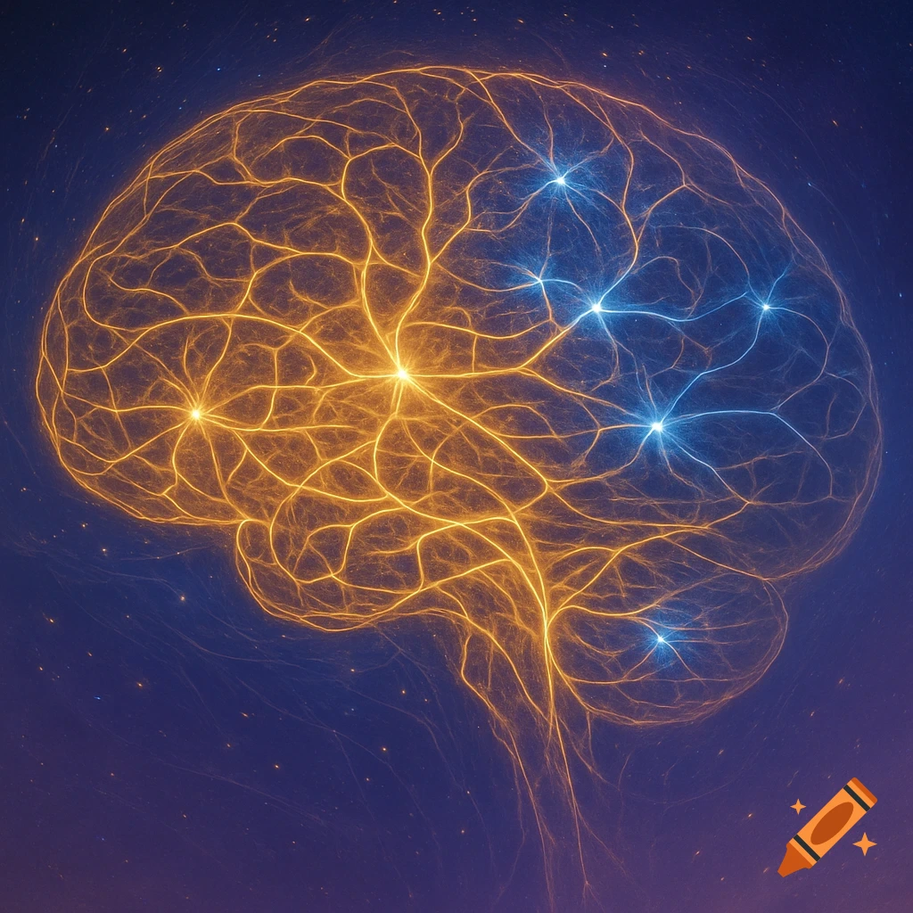 An intricate, glowing neural network forms the shape of a human brain against a dark blue, star-filled background. Golden-yellow lines represent activity in the left hemisphere, while blue lines illuminate the right.