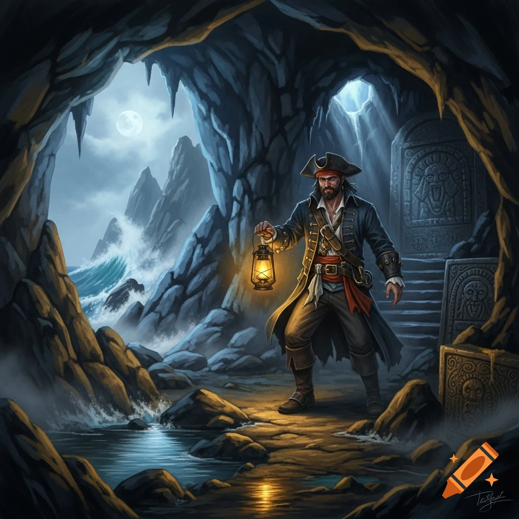 A pirate with a lantern stands in a dark cave, looking out at a moonlit stormy sea. Digital painting.