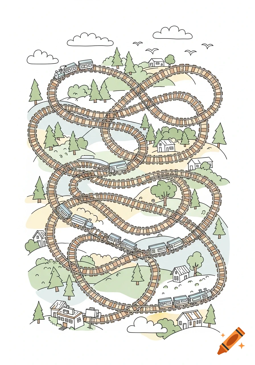 Doodle style illustration of an intricate train track maze winding through a landscape with trains, houses, and trees.
