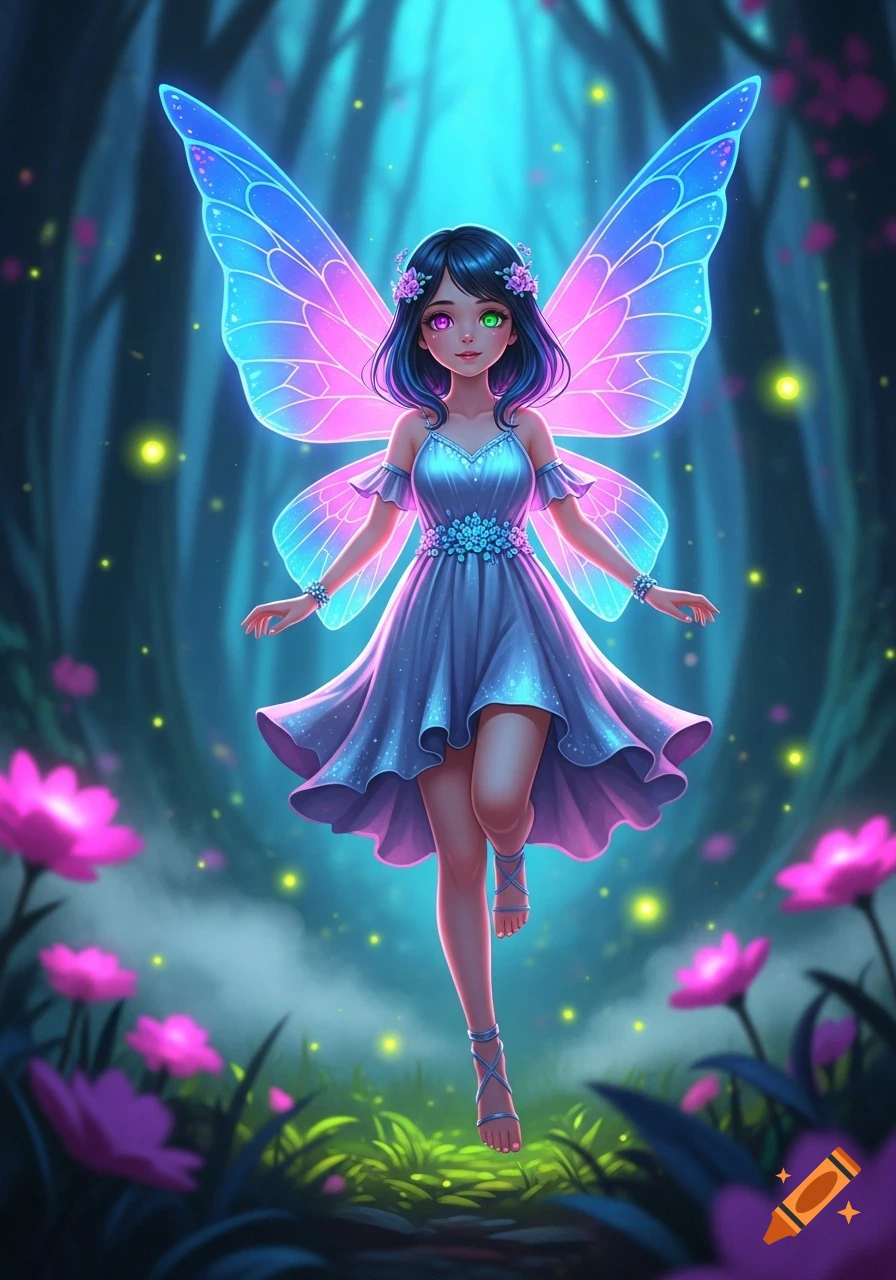 Cute anime fairy with glowing neon blue and pink wings, purple dress, and heterochromia eyes in a magical glowing forest.