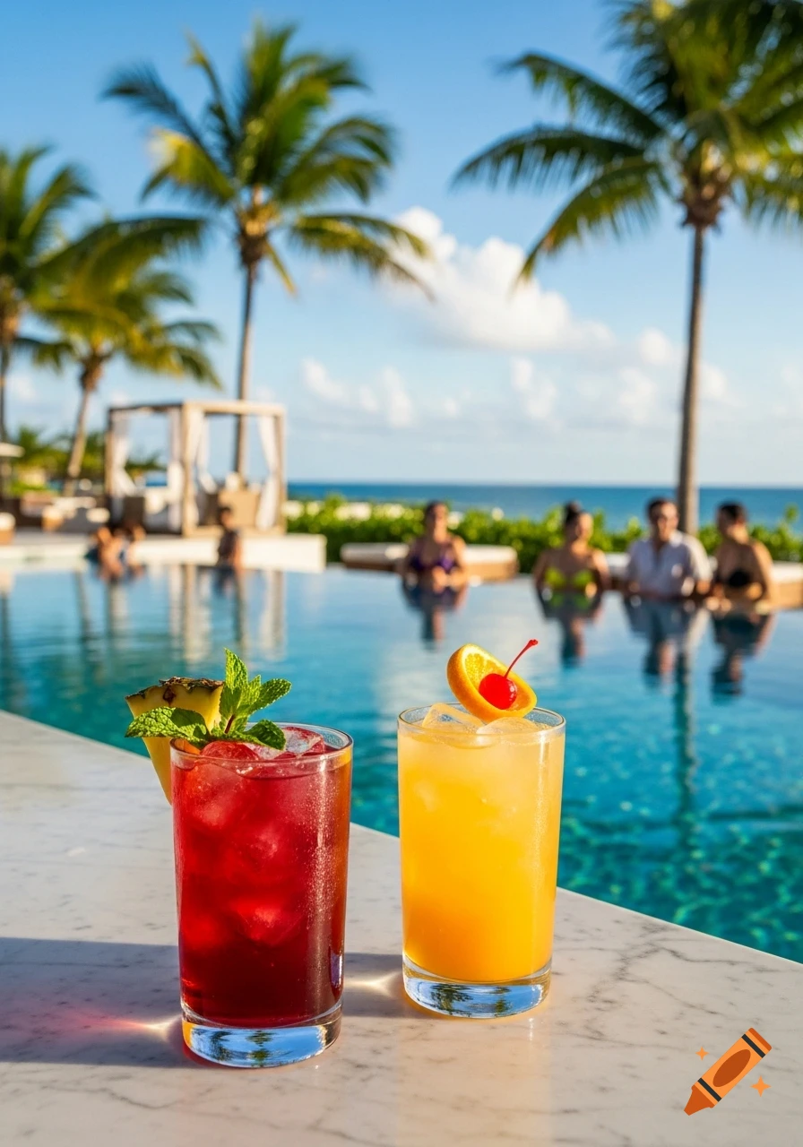 Two colorful cocktails on a marble bar beside an infinity pool with people, palm trees, and the ocean in the background on a sunny day.