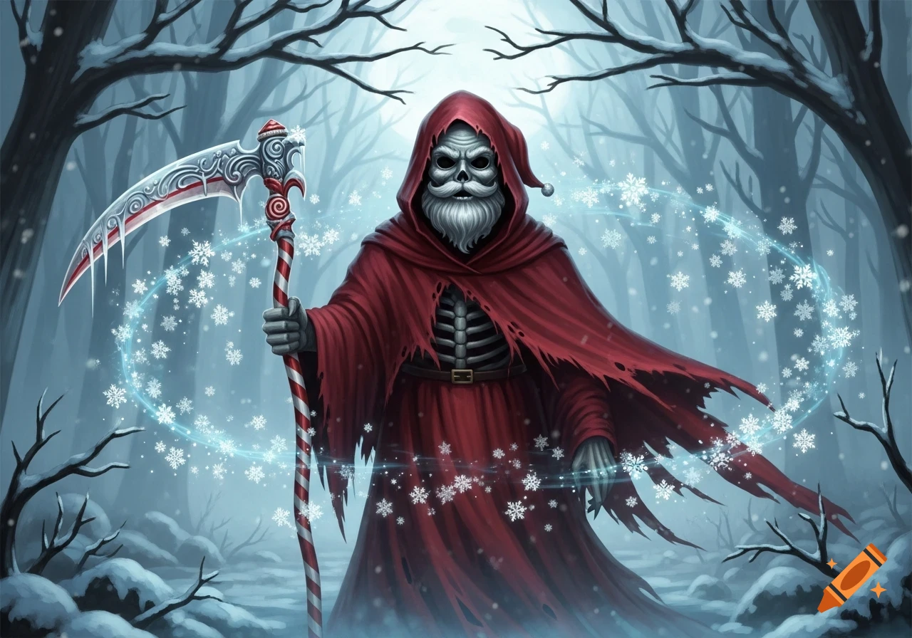 A skeletal Grim Reaper with a Santa hat and beard stands in a snowy forest, holding a candy cane scythe with glowing snowflakes.