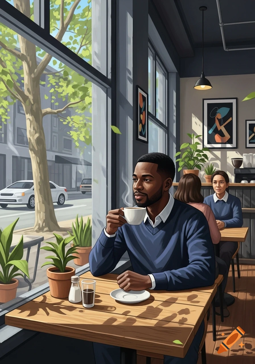 A Black man sips coffee at a table inside a sunlit cafe with large windows looking out onto a city street.
