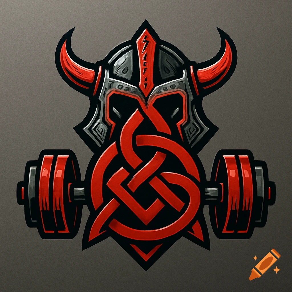 Stylized logo of a Viking helmet with red horns, a red Celtic knot, and barbells on a grey background.