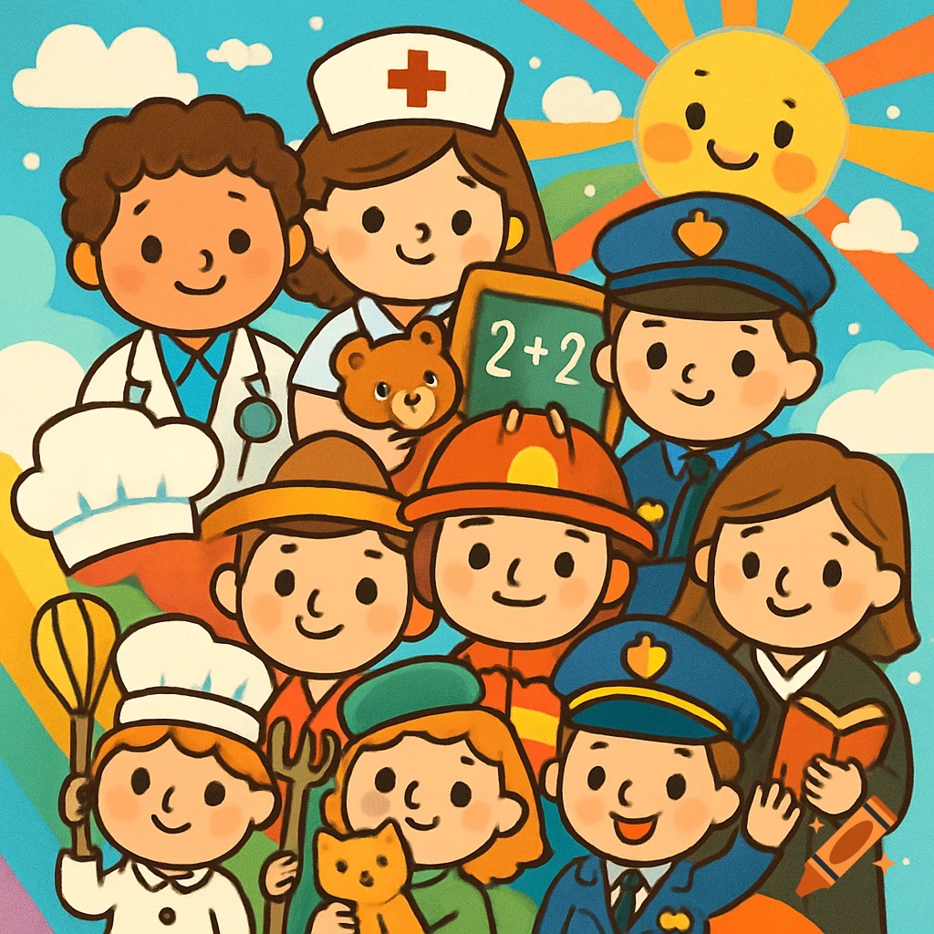 A colorful cartoon showing a group of diverse children dressed as a doctor, nurse, police, firefighter, chef, farmer, and a teacher holding a "2+2" chalkboard, under a smiling sun.