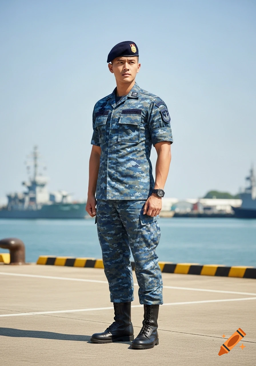 A young man in a blue camouflage military uniform, black beret, and combat boots stands on a pier with ships in the background.