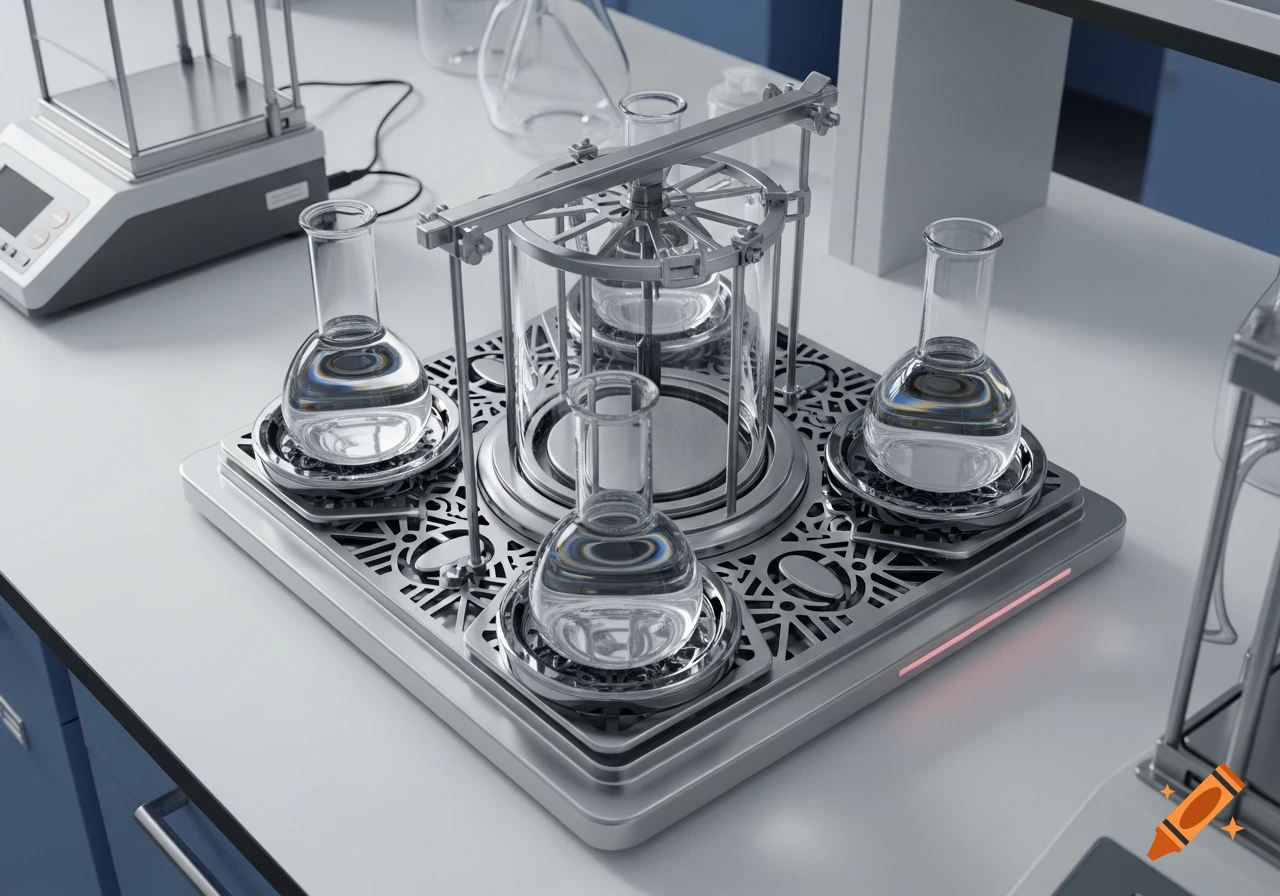 A photorealistic image of laboratory equipment, featuring an analytical balance or heating plate with four flasks containing clear liquid on a white bench.