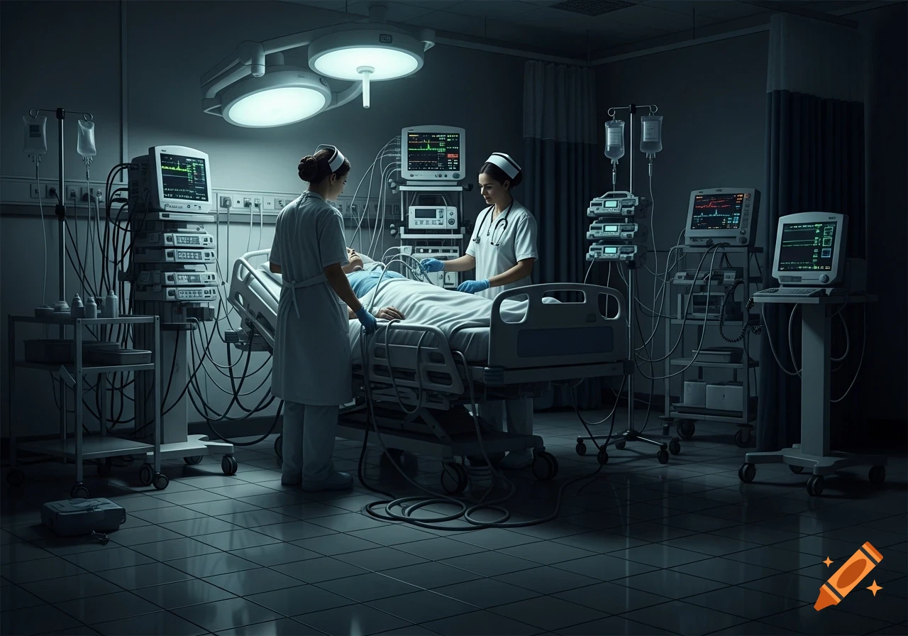Two nurses attend to a patient in a dimly lit, high-tech intensive care unit with numerous medical devices.
