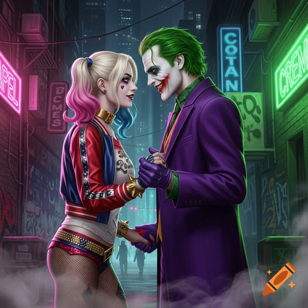 Harley Quinn and Joker hold hands, looking at each other in a neon-lit city alley at night, in a detailed comic book art style.