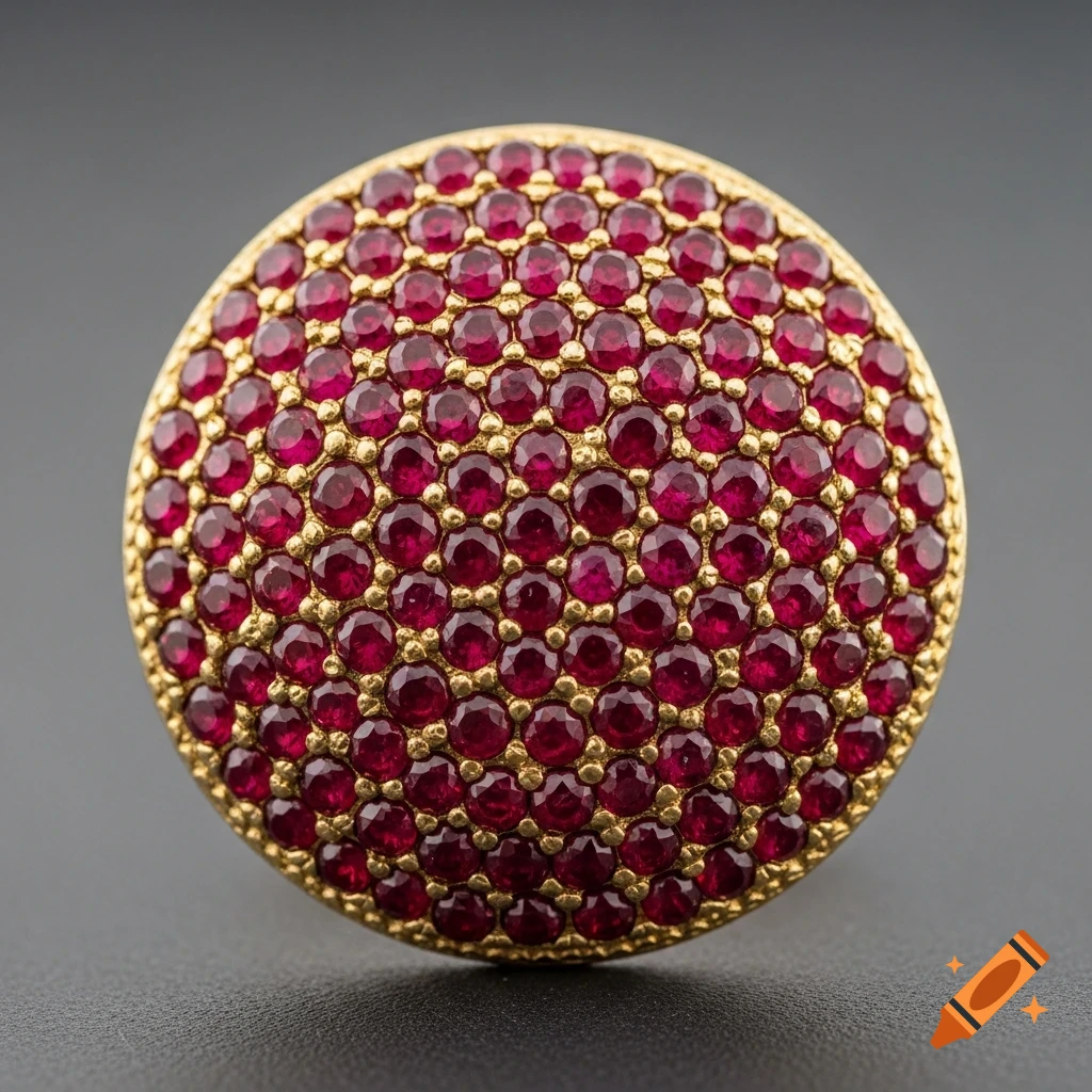 A round, opulent jewel encrusted with hundreds of sparkling deep red rubies set in ornate gold, captured in a macro studio shot.