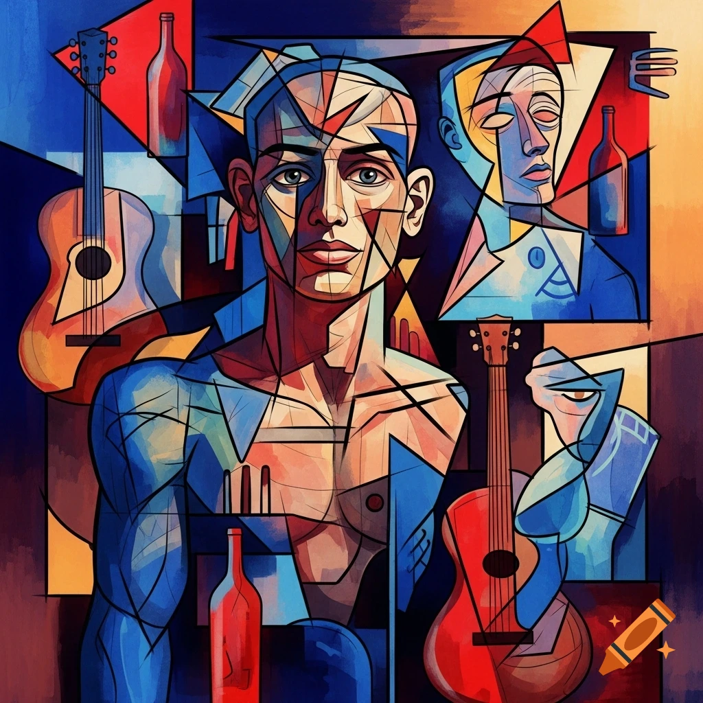 Cubist painting featuring fragmented figures, guitars, and bottles in bold primary colors and geometric shapes.