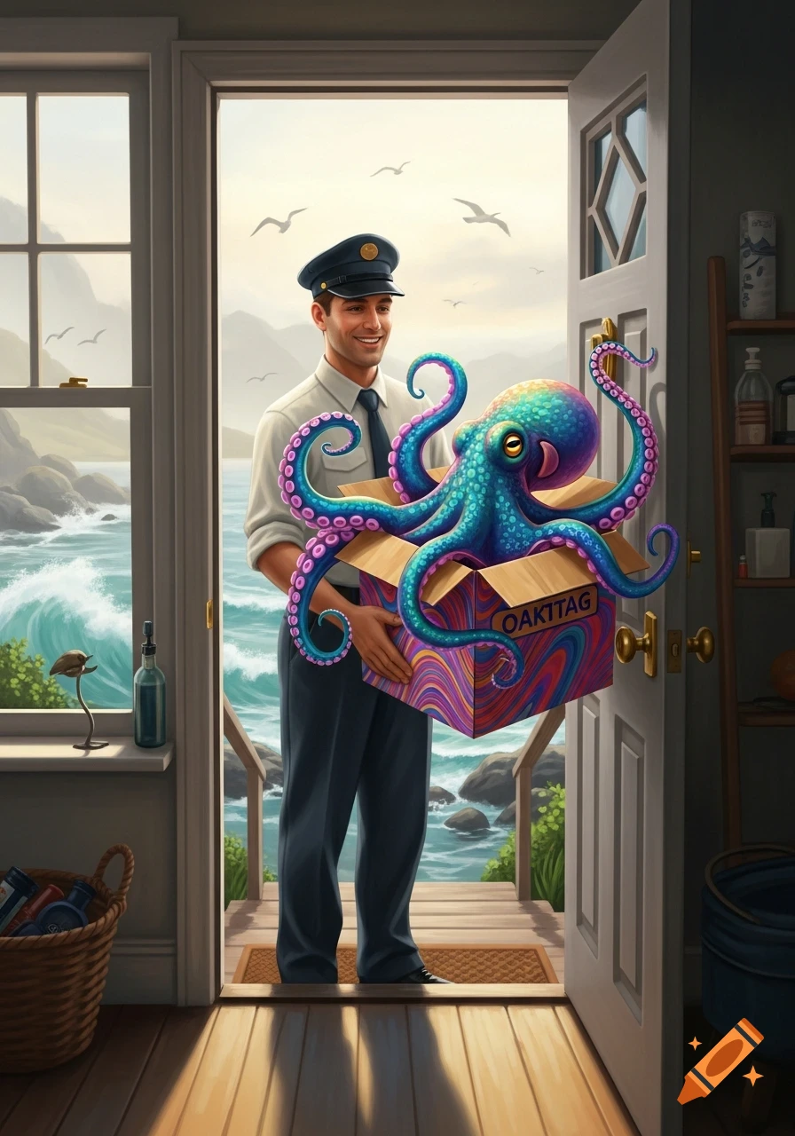 A smiling mailman at a doorway holds a colorful octopus in a patterned box. Behind him, a vivid ocean with waves crashes against rocks under a bright sky with seagulls.