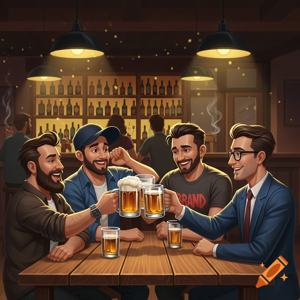 Four smiling men with beards toast beer mugs at a wooden table in a dimly lit bar, cartoon style.