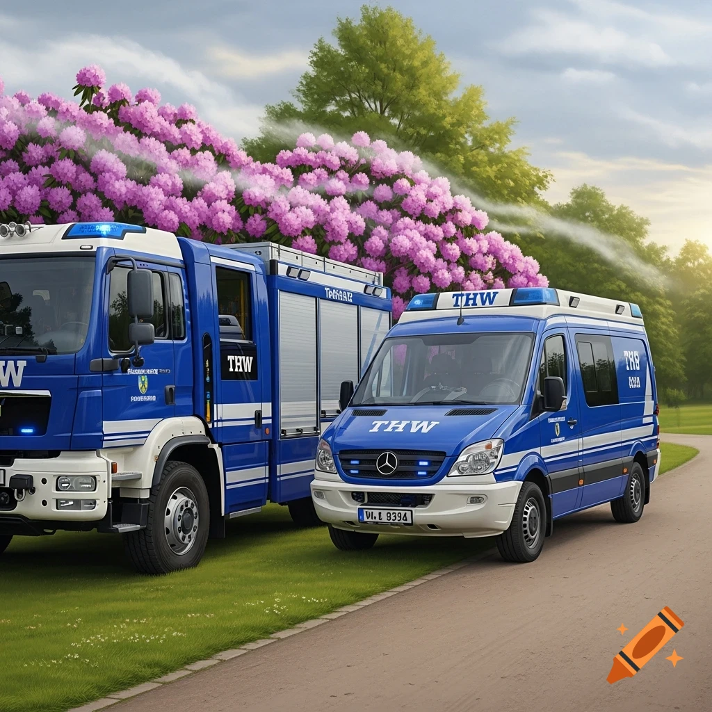 Two blue and white THW (Technical Relief Organization) vehicles, a truck and a van, parked on grass next to a path, with a large pink rhododendron bush and green trees in the background under a cloudy sky.