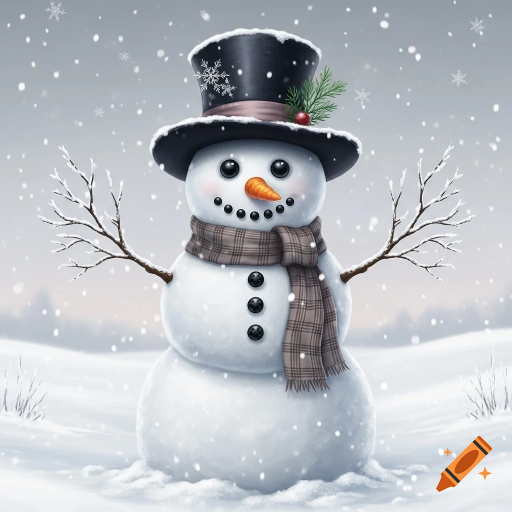A friendly snowman wearing a top hat and plaid scarf, standing in a snowy landscape with falling snowflakes.