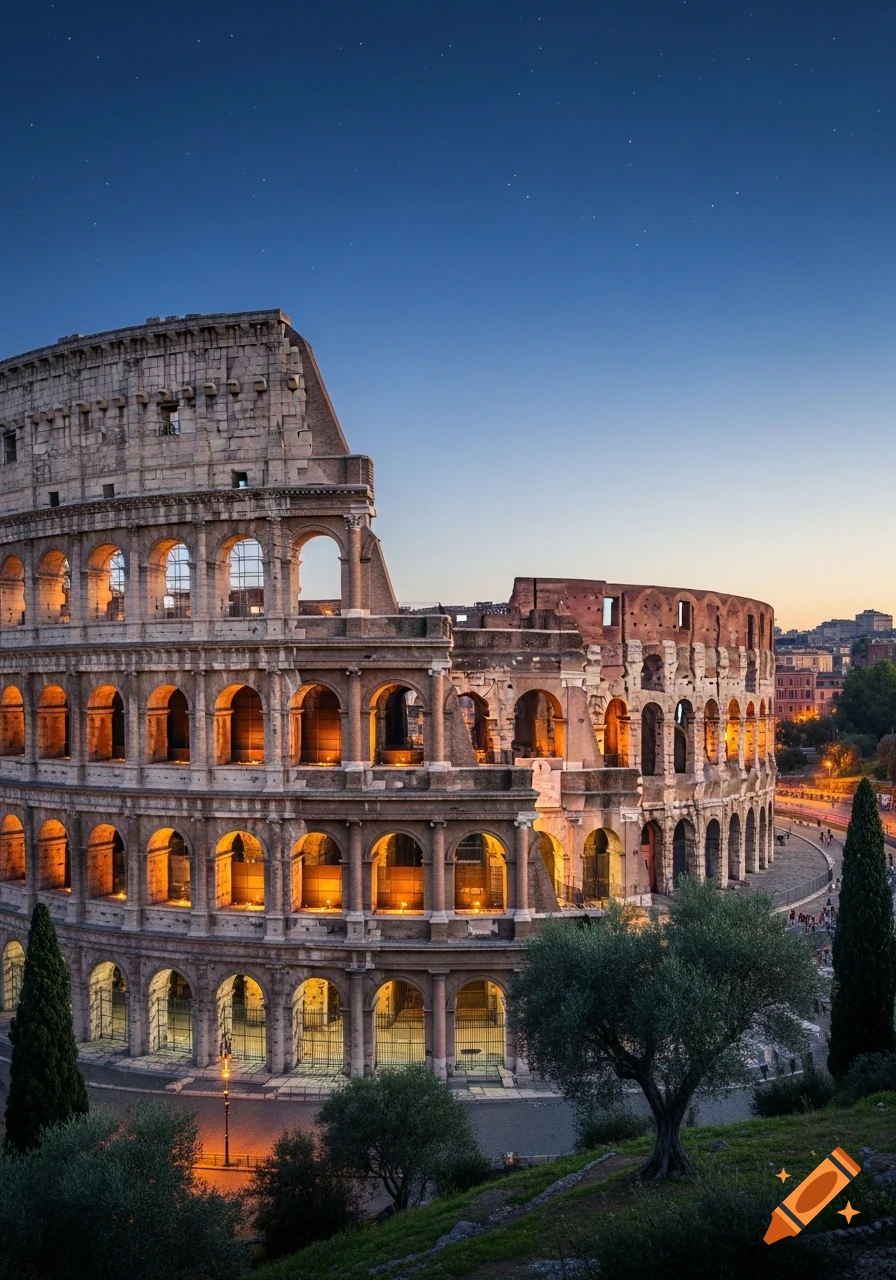 A photorealistic image of the illuminated Colosseum in Rome at dusk, under a dark blue sky with sparse stars.