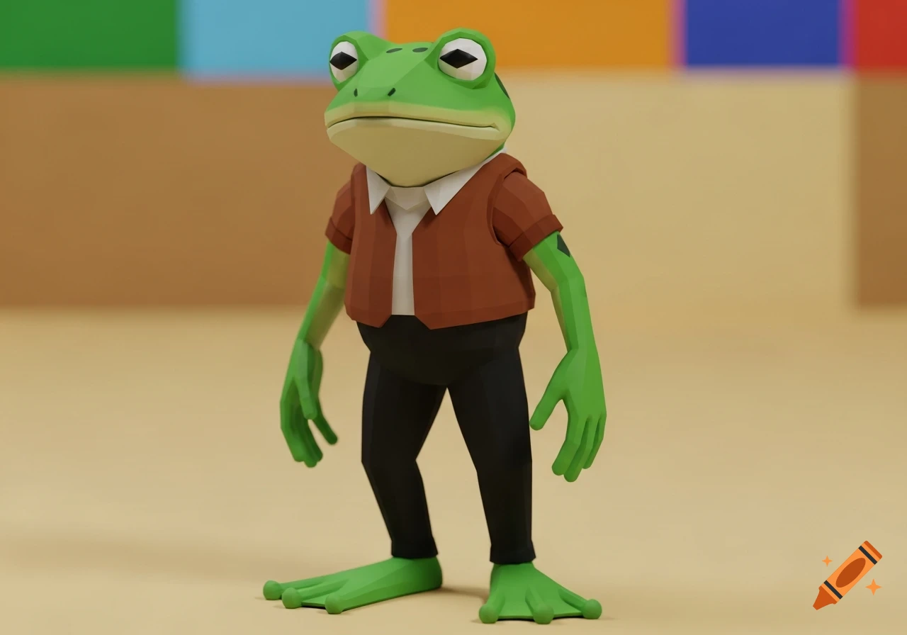 A low poly 3D frog-man character with green skin, a brown vest, and black pants, standing with a serious expression in Super Mario 64 style.