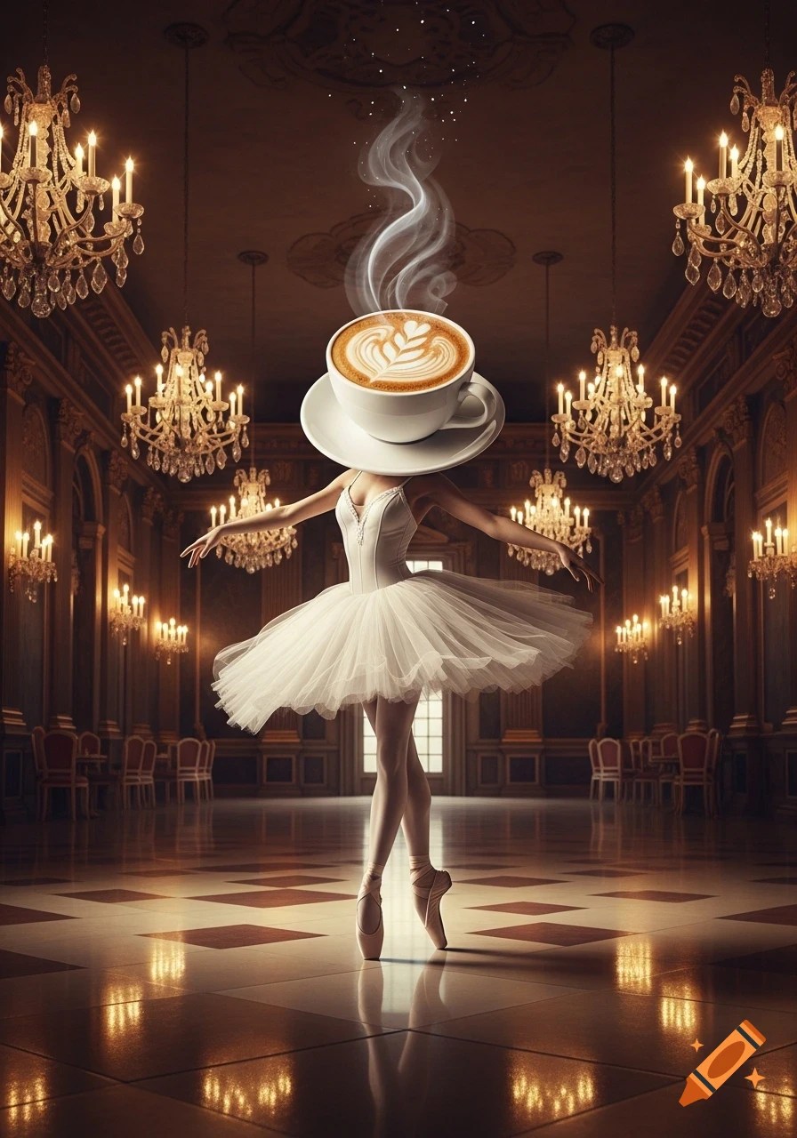 A ballerina in a white tutu dances in a grand ballroom, with a steaming cappuccino cup as her head.