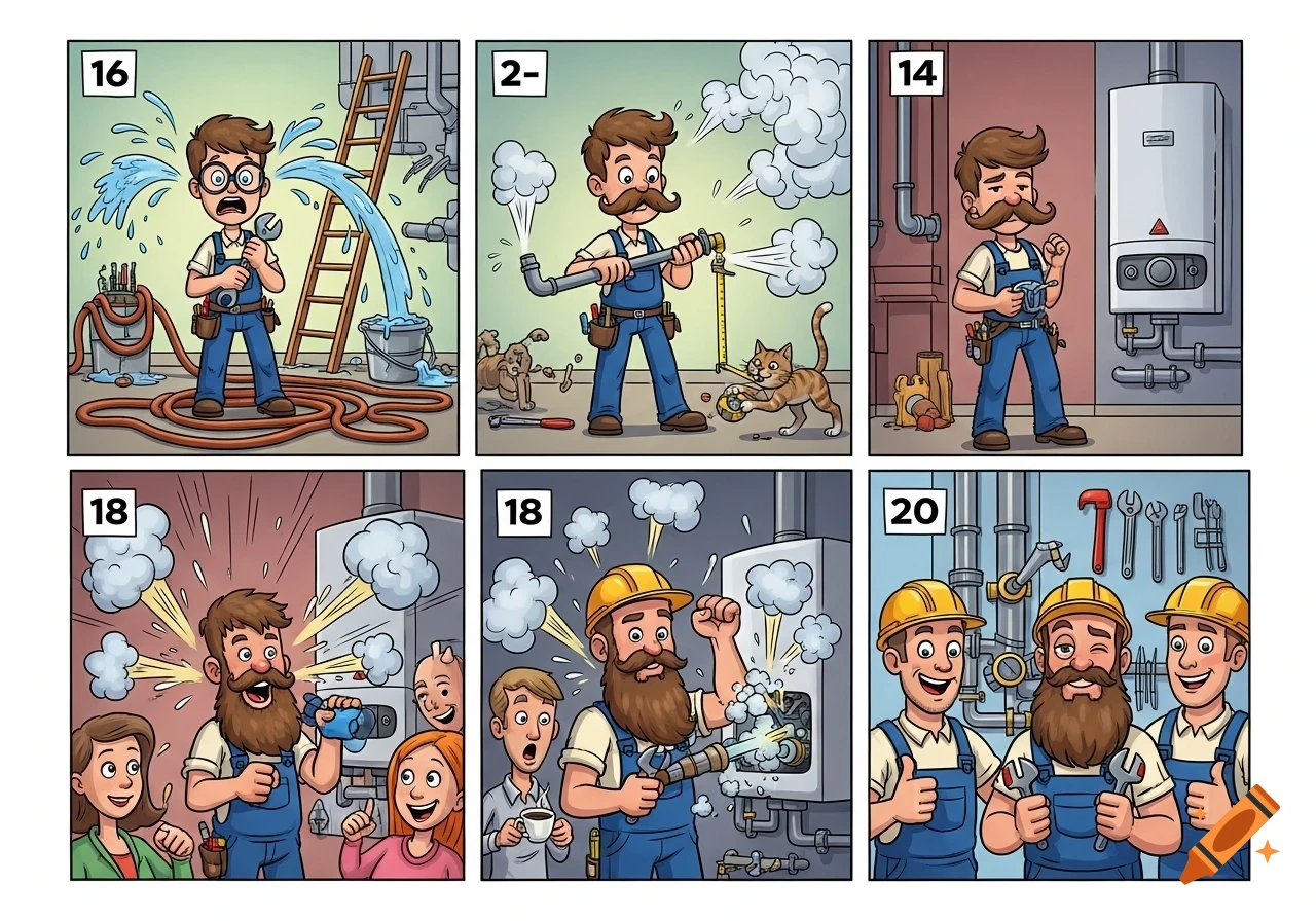 A six-panel comic strip humorously depicting a plumber's apprenticeship, from a clumsy start at age 16 to a confident, bearded professional, showing tools and boilers.