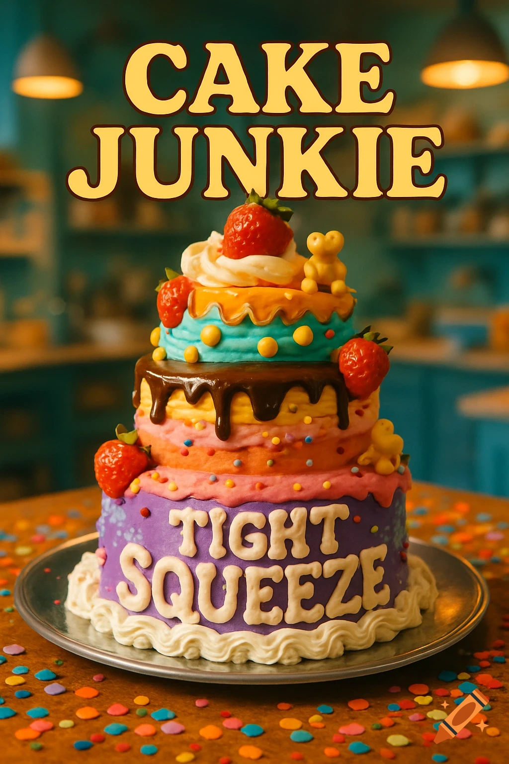 A vibrant tiered cake with colorful frosting, strawberries, sprinkles, and text "CAKE JUNKIE" and "TIGHT SQUEEZE" in a kitchen.