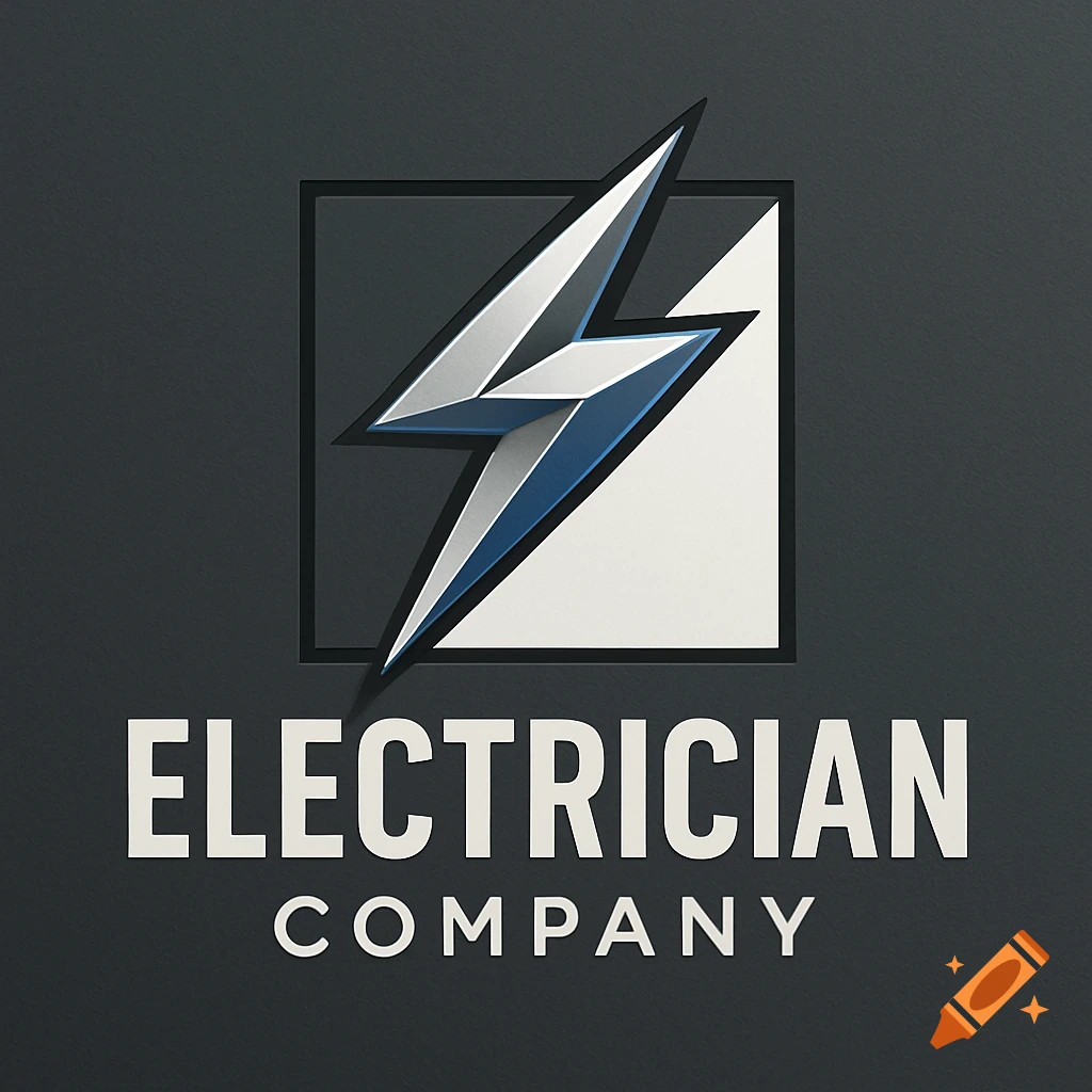 Logo for an electrician company with a blue and white lightning bolt in a square, above the words 'ELECTRICIAN COMPANY'.