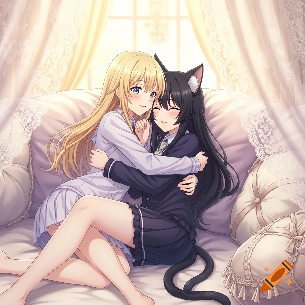 Two smiling anime girls, one blonde and one with black hair and cat ears, hug each other while lounging on a soft bed.