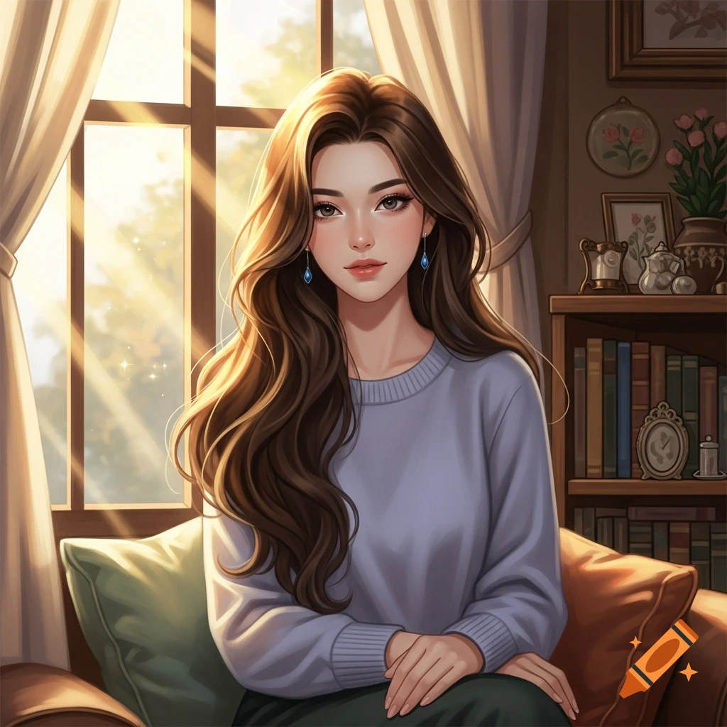 Anime-style portrait of a young woman with long brown hair, sitting on a couch in a sunlit room.