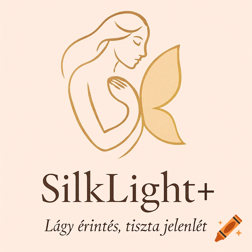 A minimalist logo with a golden line art silhouette of a woman with a butterfly wing, above 'SilkLight+' and Hungarian text.
