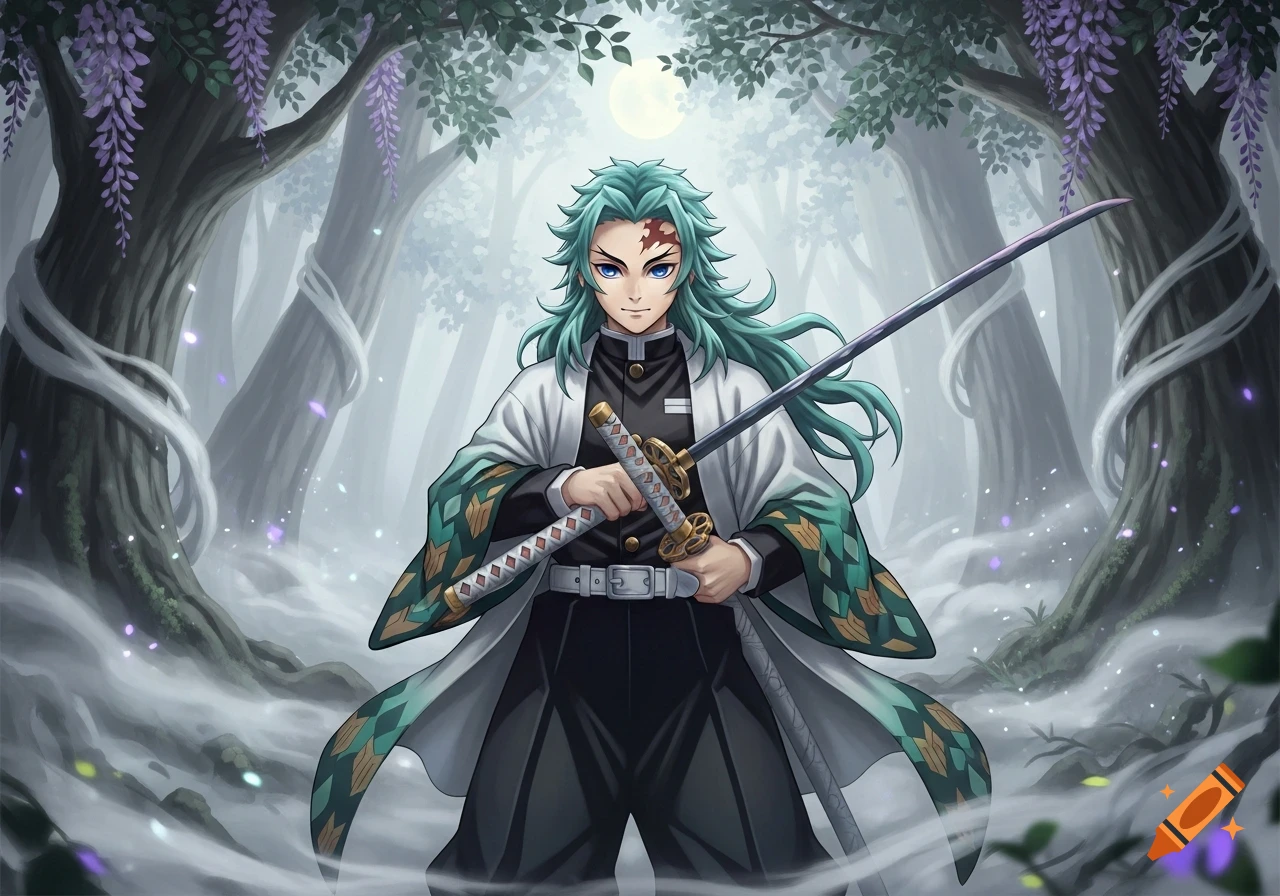 Anime character Muichiro Tokito with teal hair holds two katanas in a foggy wisteria forest under a full moon.