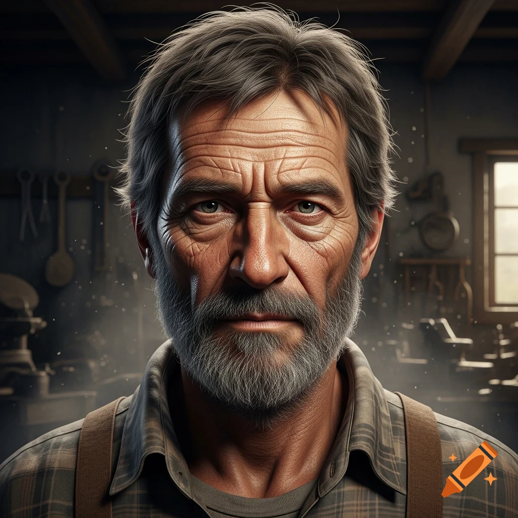 Close-up photorealistic portrait of a middle-aged man with a gray beard and wrinkled face, wearing a plaid shirt.