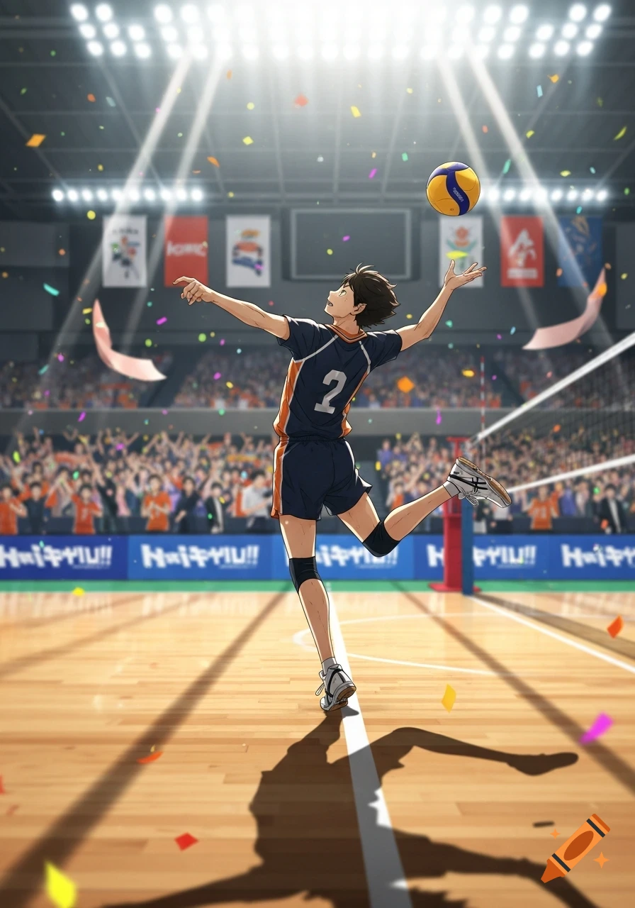 Dynamic anime male volleyball player in action on a court, surrounded by confetti and cheering crowd, with a volleyball in the air.