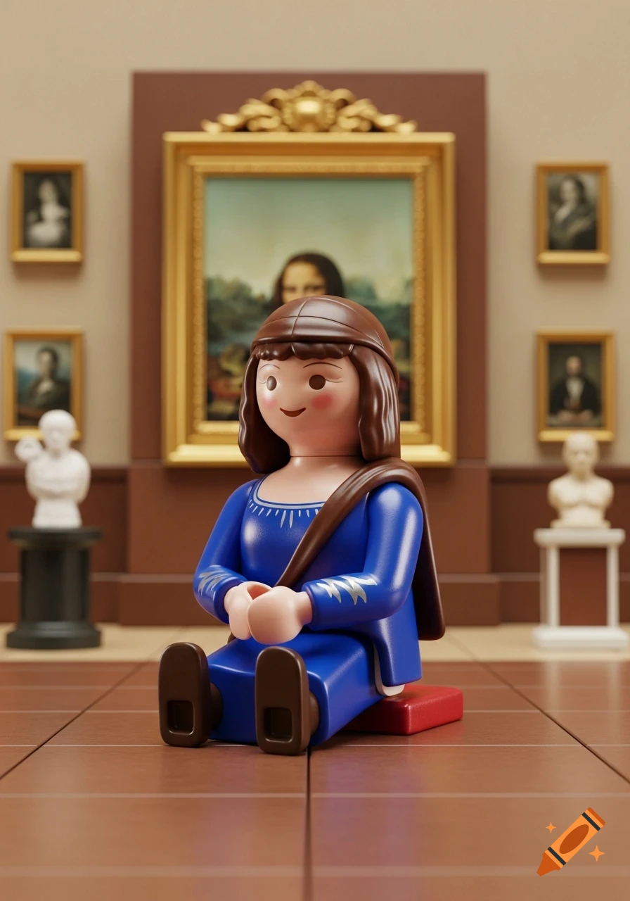 A Playmobil figure of Mona Lisa in a blue dress sits on a museum floor with framed paintings and busts in the background.