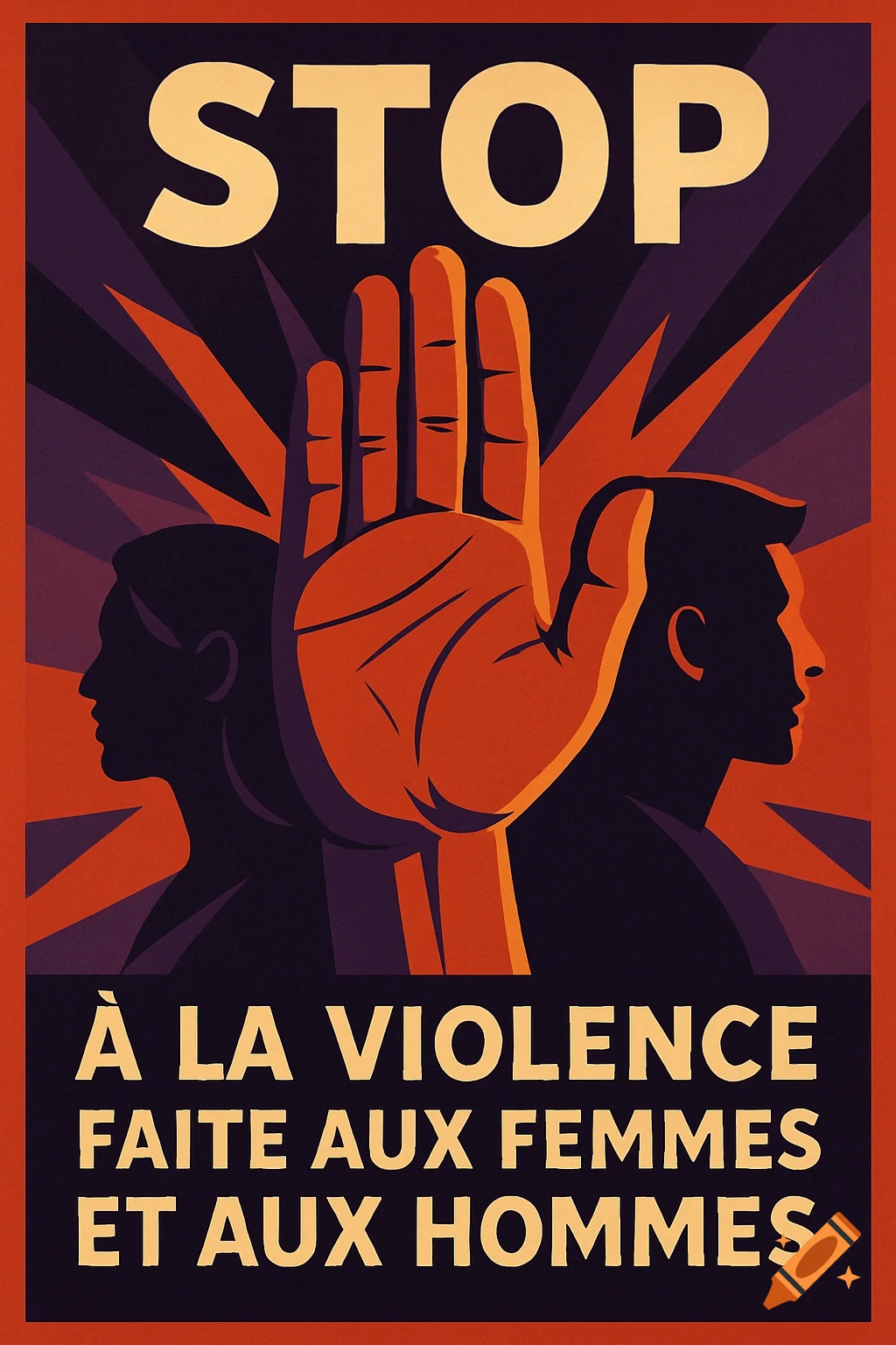 Awareness poster with a raised orange hand, silhouetted male and female profiles, and text 'STOP à la violence faite aux femmes et aux hommes' in a graphic art style.