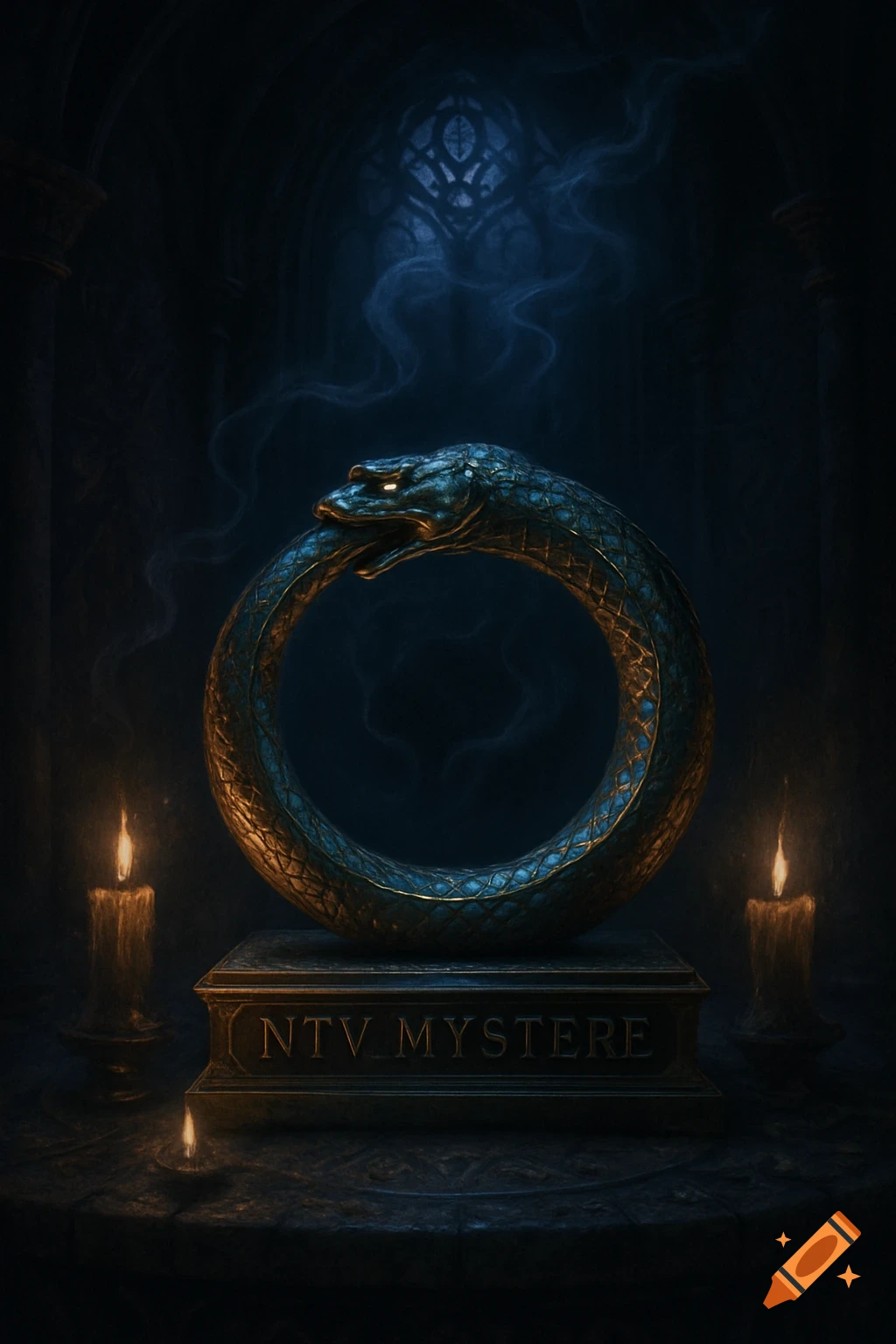 An Ouroboros snake symbol on a stone pedestal with "NTV MYSTERE" inscribed, flanked by lit candles in a dark, atmospheric chamber.
