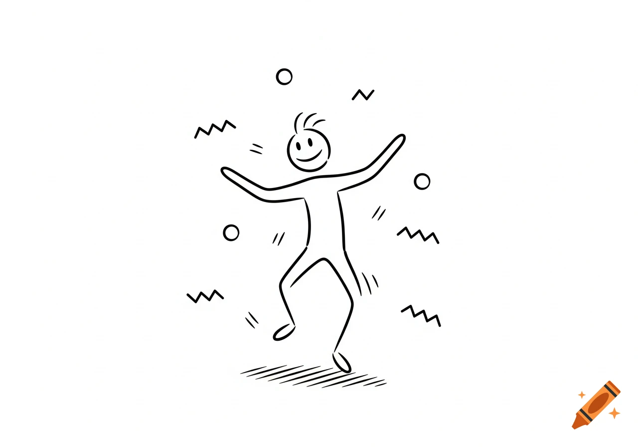 Minimalist line art of a happy stick figure dancing with arms outstretched and zigzags/circles.