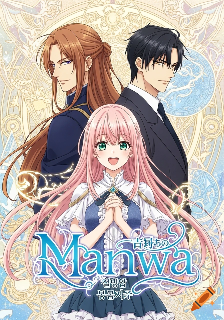 A colorful Manhwa cover featuring a smiling pink-haired girl centered in front of two men, one with long brown hair and one with black hair, against an ornate background.
