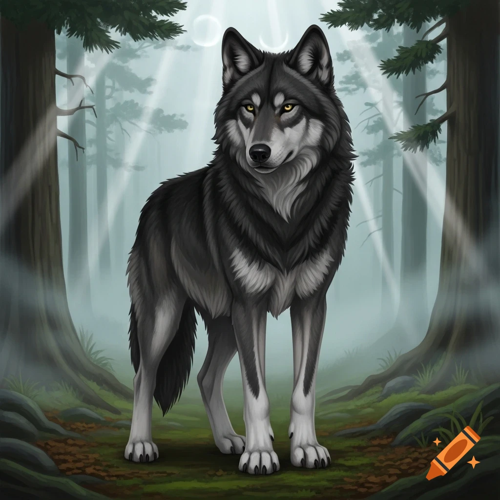 A striking dark gray wolf with yellow eyes stands prominently in a misty forest with light rays shining through trees.